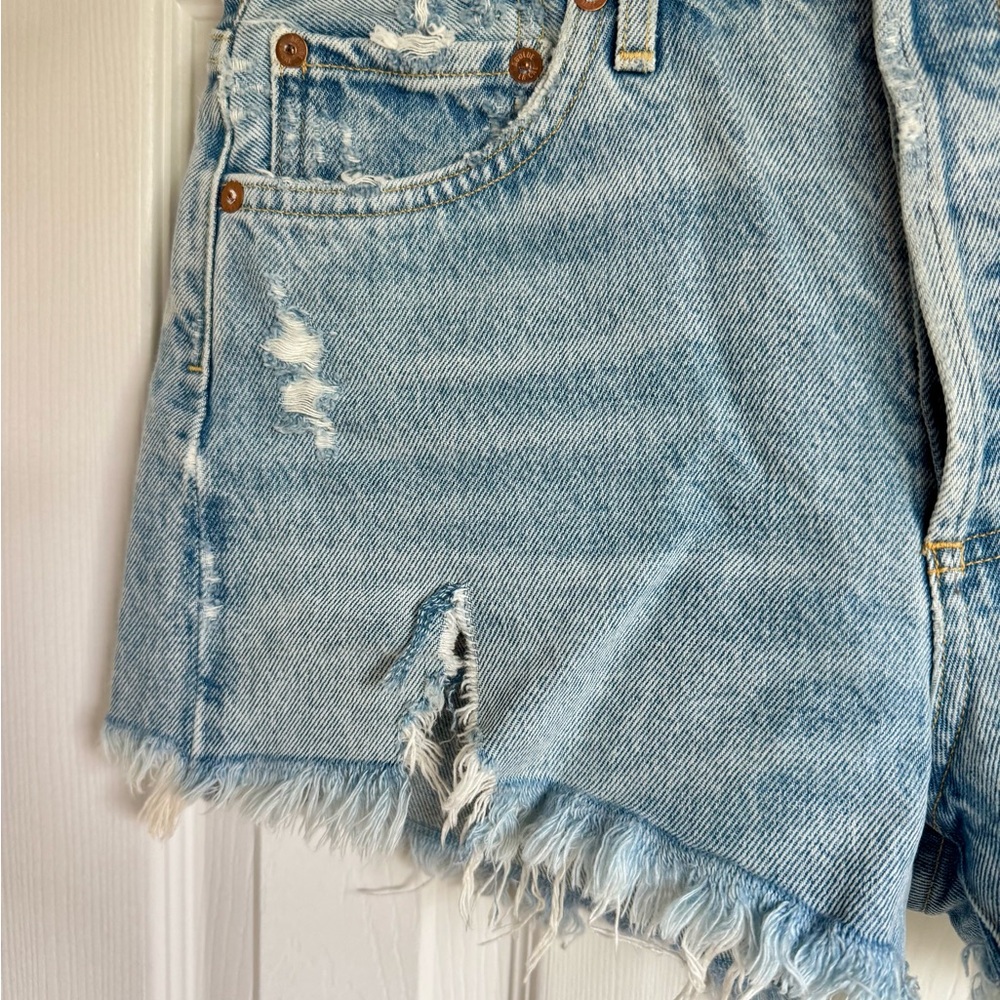 Agolde Light Blue Distressed Jean Shorts - Picture 4 of 6